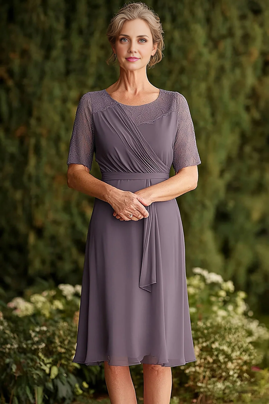 AABEI DRESS Mother Of The Bride Dress Elegant Chiffon Knee Length Lace Short Sleeves Retro Formal Wear Dresse