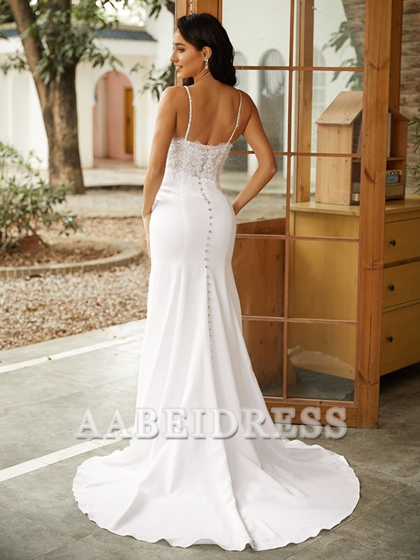 AABEI DRESS Wedding Dresses Mermaid Sheath/Column Stretch Crepe Lace V-neck Sleeveless Sweep/Brush Train Elegant Dresses