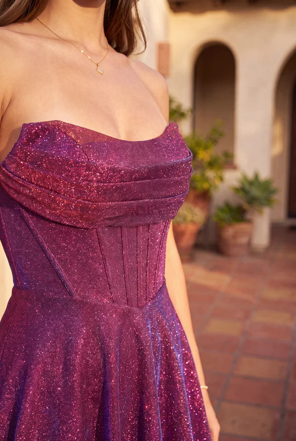 Magenta A Line Strapless Corset Lace Up Floor Prom Gown