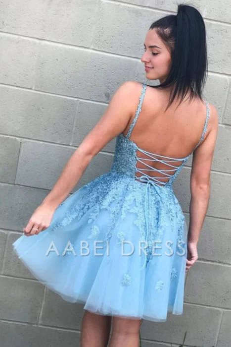AABEI DRESS New Homecoming Dress A Line V Neck Spaghetti Strap Backless Lace Appliques Tulle Cute Short Prom Dress