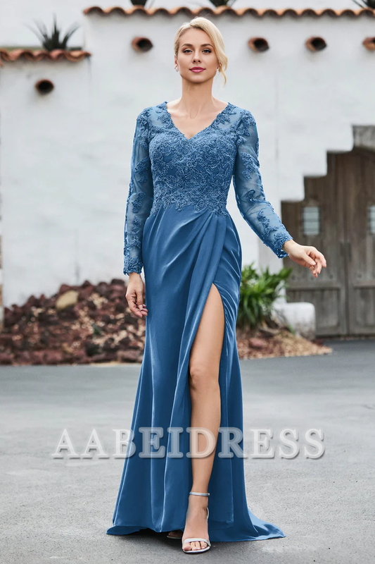 AABEI DRESS Mother of the Bride Dresses Lace V-neck Long Sleeves High Slit Elegant Dress Wedding Guests Dresses