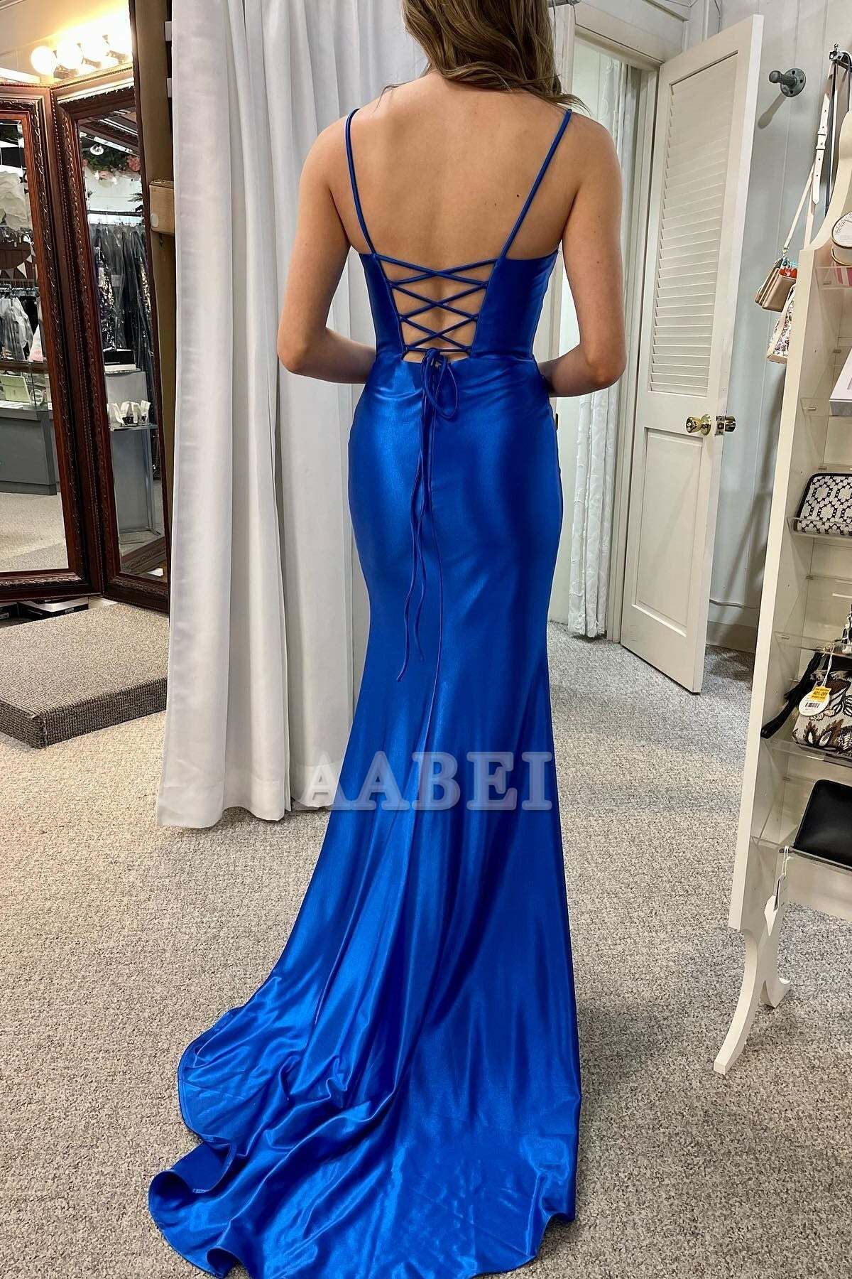 Evening Dress Royal Blue Spaghetti Strap Scoop Neck Lace-Up Backless Pleated Mermaid Gown Sweep Train Elegant Exquisite Formal Women's Dresses