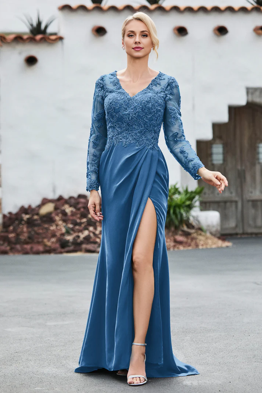 AABEI DRESS Mother of the Bride Dresses Lace V-neck Long Sleeves High Slit Elegant Dress Wedding Guests Dresses