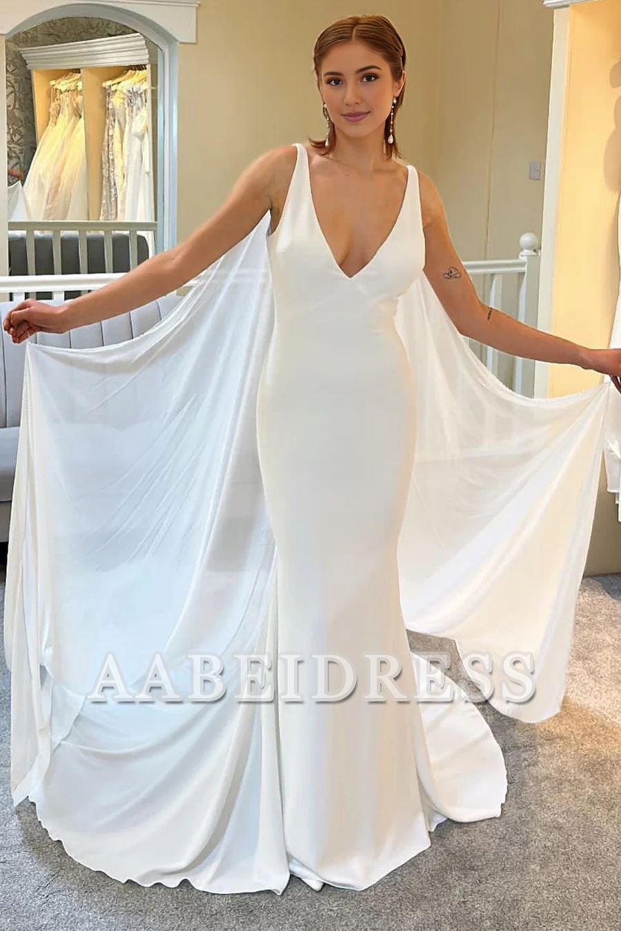 AABEI DRESS High Quality Elegant Simple Wedding Dress Deep V Neck Mermaid Backless Long Detachable Cape Formal Dresses