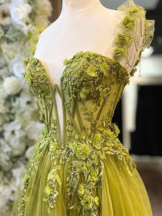 Sage A-Line Sweetheart Neckline Sleeveless Romantic Tulle with Lace Appliques 3D Flower Gorgeous Wedding Guest Dress Long Hot Sale Prom Dresses