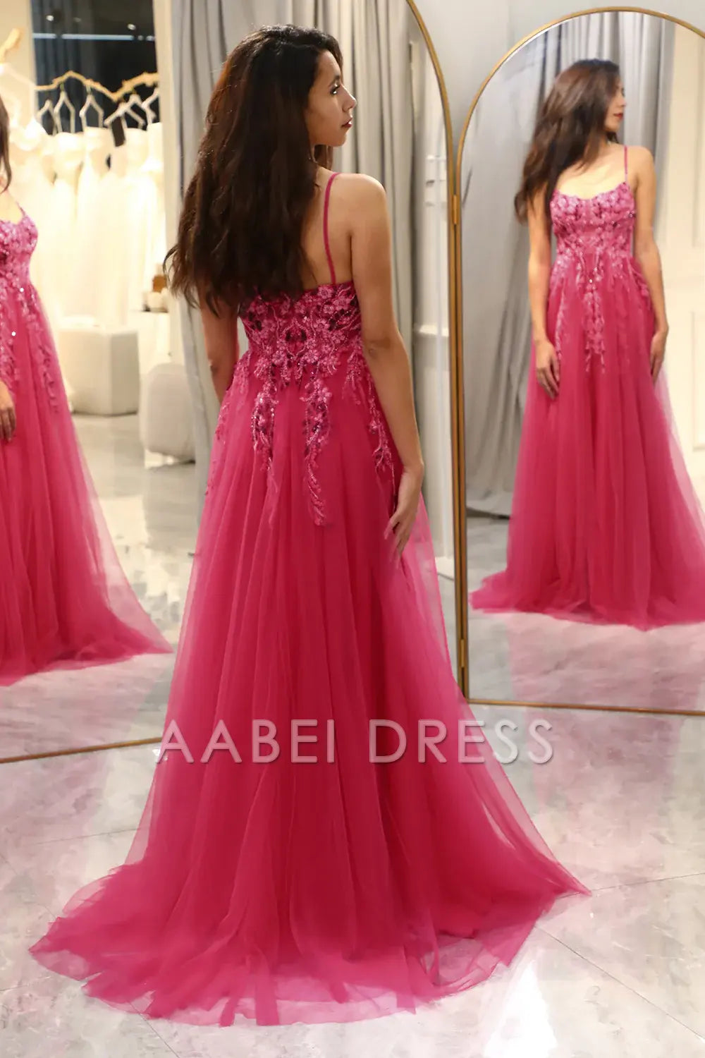 AABEI DRESS Prom Dress A Line Spaghetti Straps Tulle Long Appliques Fashion Charming Dress