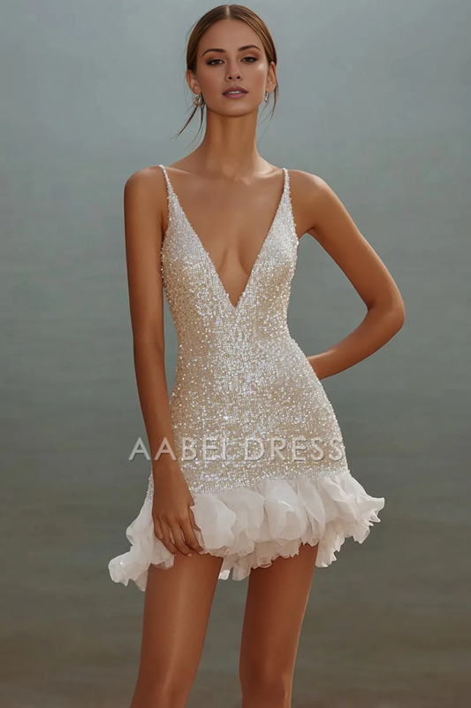 AABEI DRESS Hot Sale Homecoming Dress Sparkly Sequins Bodycon Deep V Neck Spaghetti Strap Backless Mini Graduation Dress
