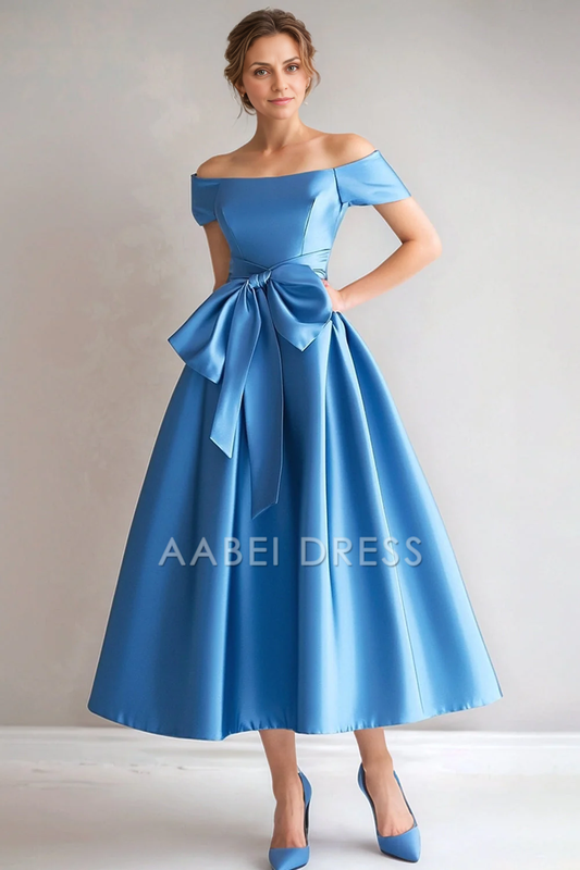 AABEI DRESS Mother Of The Bride Dress Off The Shoulder A-Line Satin Tea Length With Bow Dignified Formal Wear Dresses