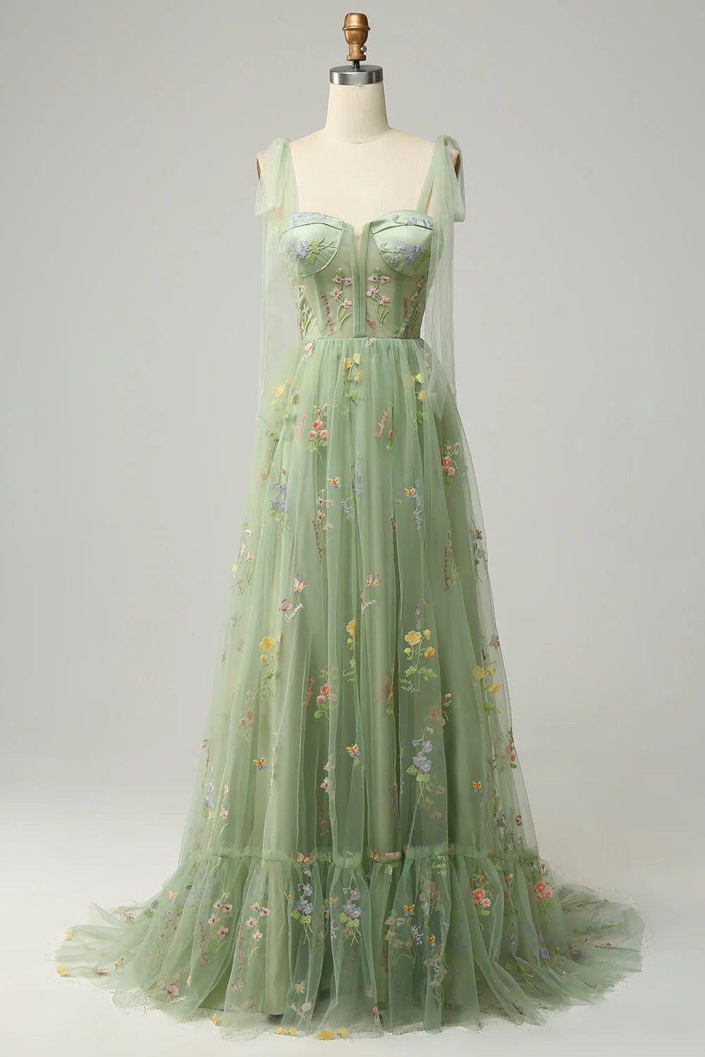 Prom Dress A Line Spaghetti Straps Corset Lace up Long Embroidery Luxurious Formal Wear Dresses