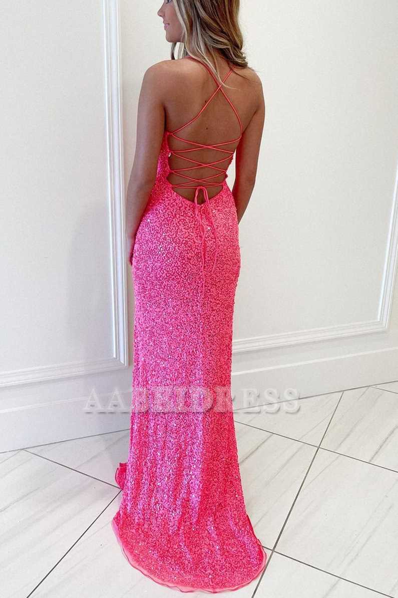Evening Dress Spaghetti Strap Sequins Mermaid Cultivate oneself Backless Side Fork Sweep Train Charming Formal Women's Dresses