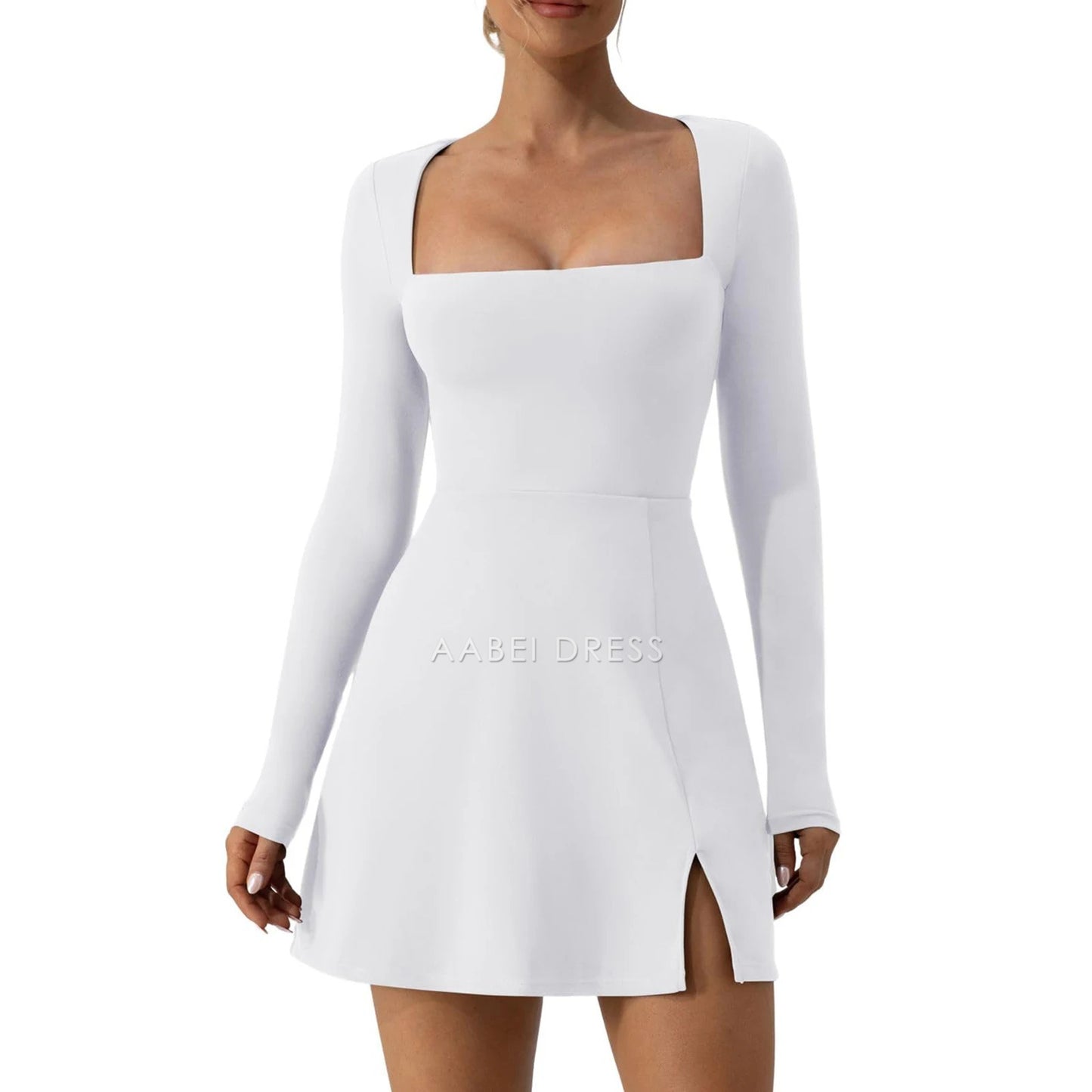 AABEI DRESS New Homecoming Dress A-Line Solid Color Long Sleeve Square Neck High Split Hem Party Mini Dress