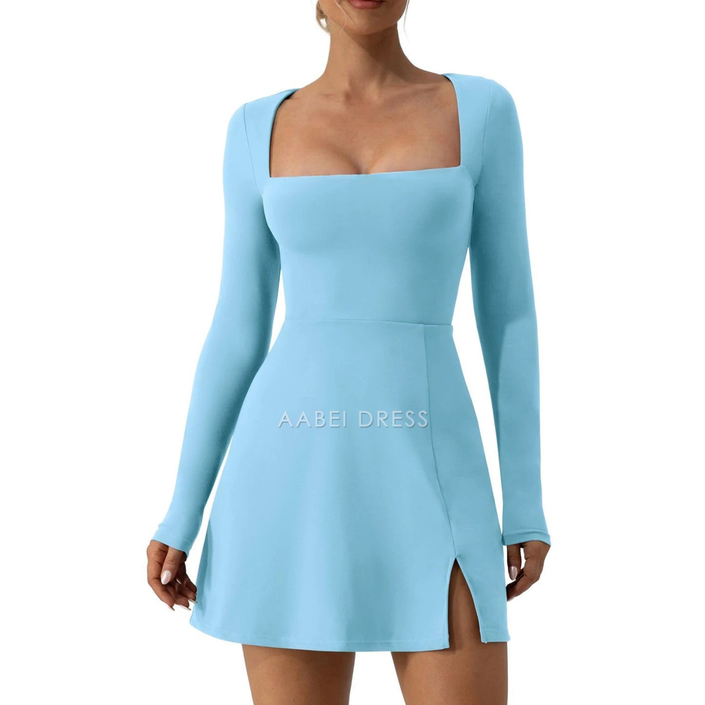 AABEI DRESS New Homecoming Dress A-Line Solid Color Long Sleeve Square Neck High Split Hem Party Mini Dress