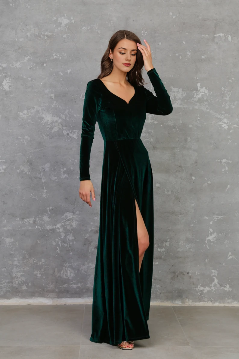 Evening Dress Velvet Dress A Line Skirt Sweetheart Neckline Long Sleeves High Quality Fabric Dress Formal Dresses Wedding Guest Dress