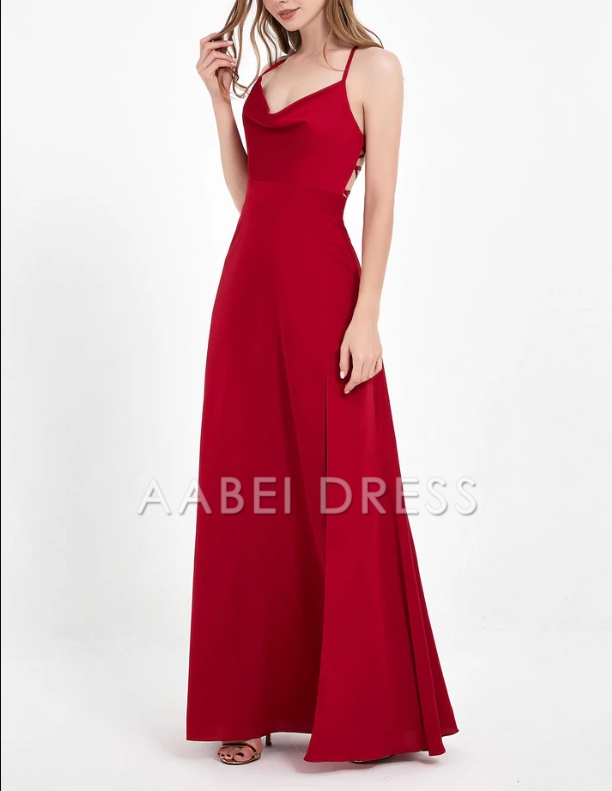 AABEI DRESS A-Line Cowl Neck Spaghetti Straps Lace up Back Satin Split fork Long Simple Dress Floor-Length Evening Dress