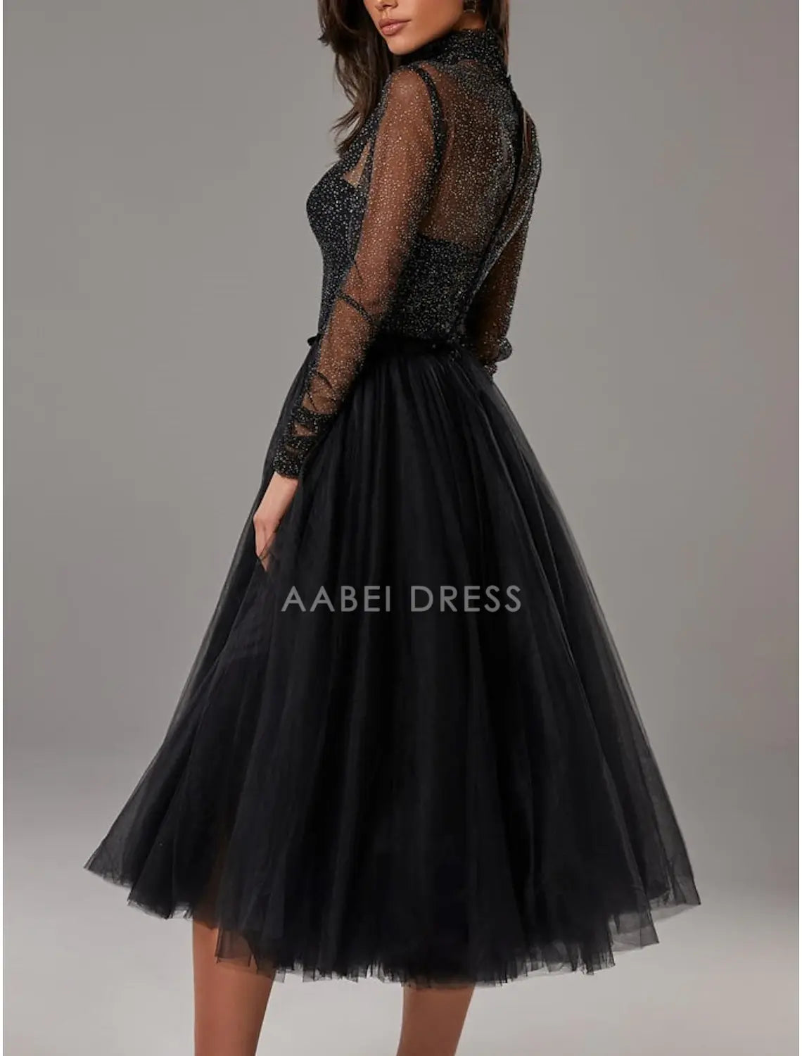 AABEI DRESS New Homecoming Dress Elegant A-Line Cocktail Dresses Wedding Guest Knee Length Long Sleeve High Neck Tulle with Pleats Pure Color Charming Prom Dresse