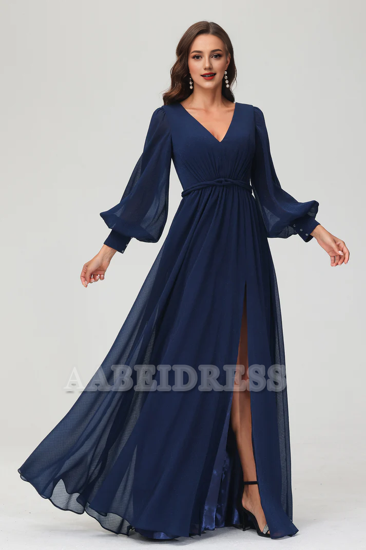 Evening Dress A-Line V-neck Long Sleeves Floor Length Dress Side Fork Elegant Exquisite Formal Women's Dresses Wedding Guest Dresses