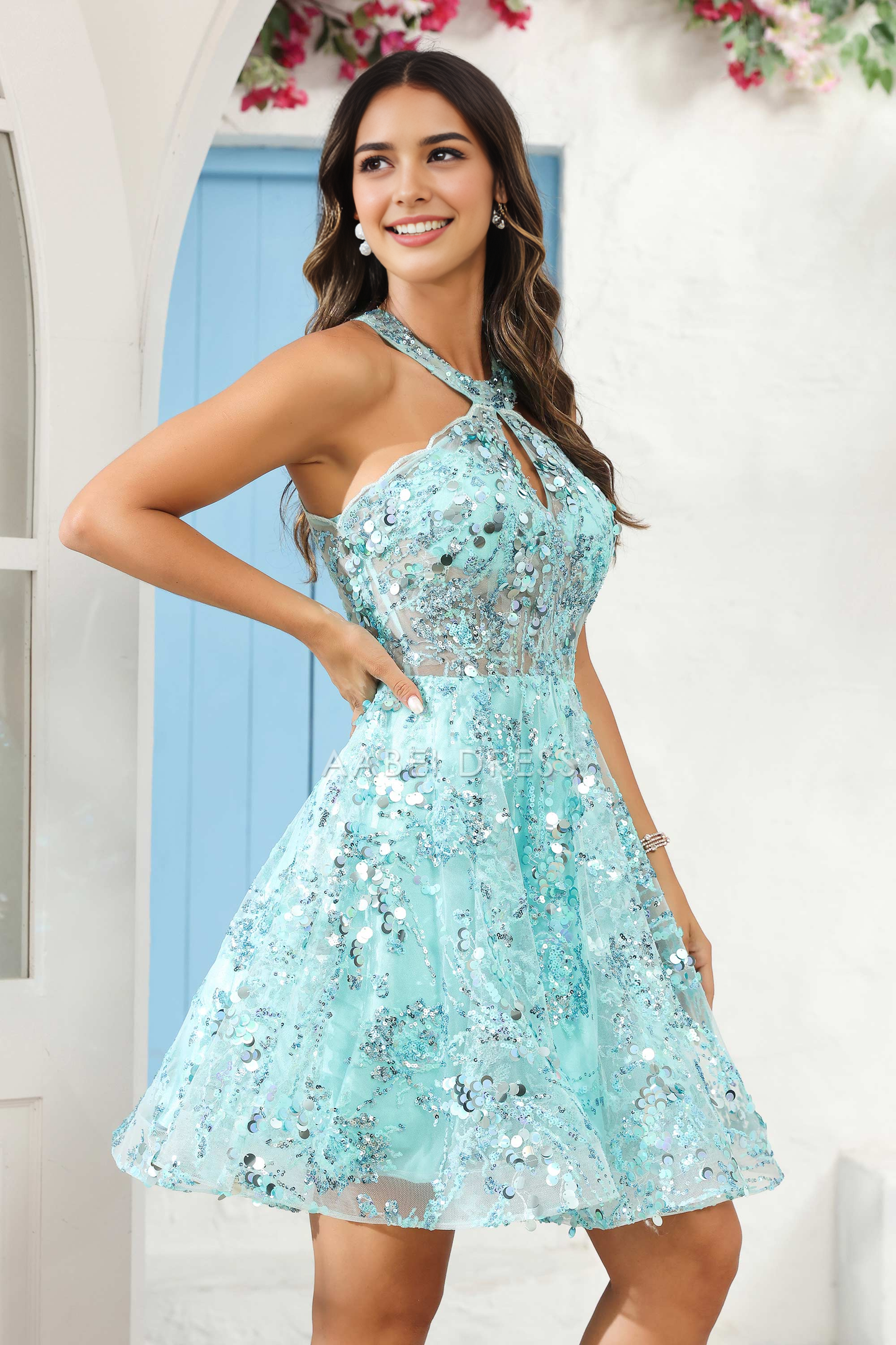 AABEI DRESS Short Dress Fashion Halter Neck Sleeveless See-Through Sequins Applique Sparkle New Homecoming Dress