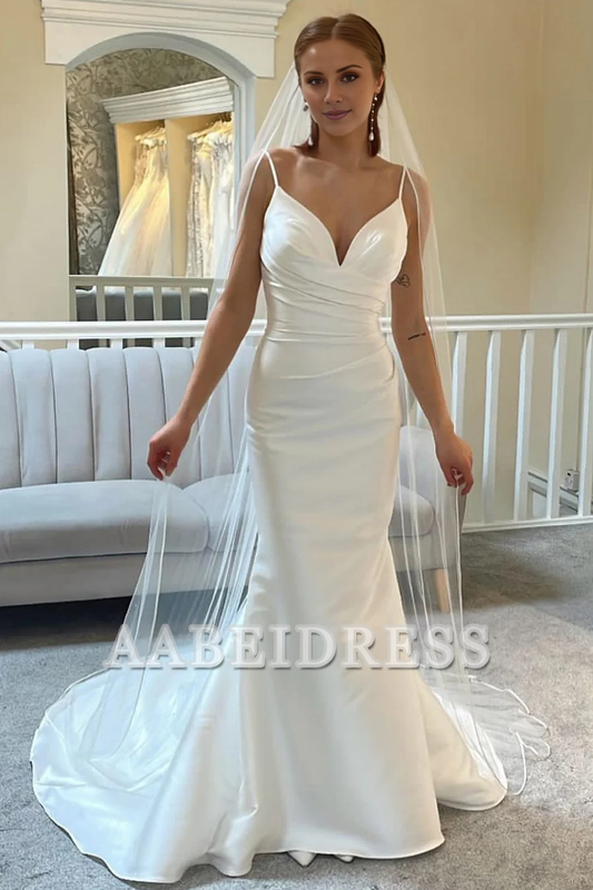 AABEI DRESS Exquisite Charming Wedding Dress Sweetheart Spaghetti Strap Backless Trumpet Pleated Long Formal Dresses