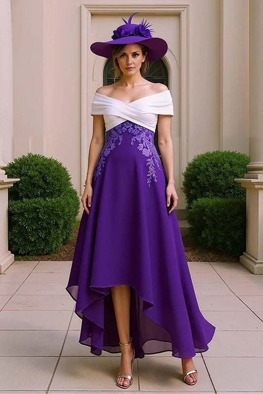 Purple Chiffon A Line Off The Shoulder Cross V-Neck Asymmetrical Ruched Hem with Lace Appliques Elegant Retro Long Wedding Guest Dress Hot Sale Mother of the Bride Dresses