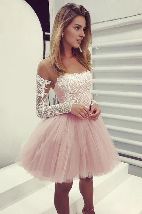 AABEI DRESS New Homecoming Dress A-Line Sheer Neck Long Sleeves Tulle Cocktail Dress with Appliques Sweet Short Prom Dress