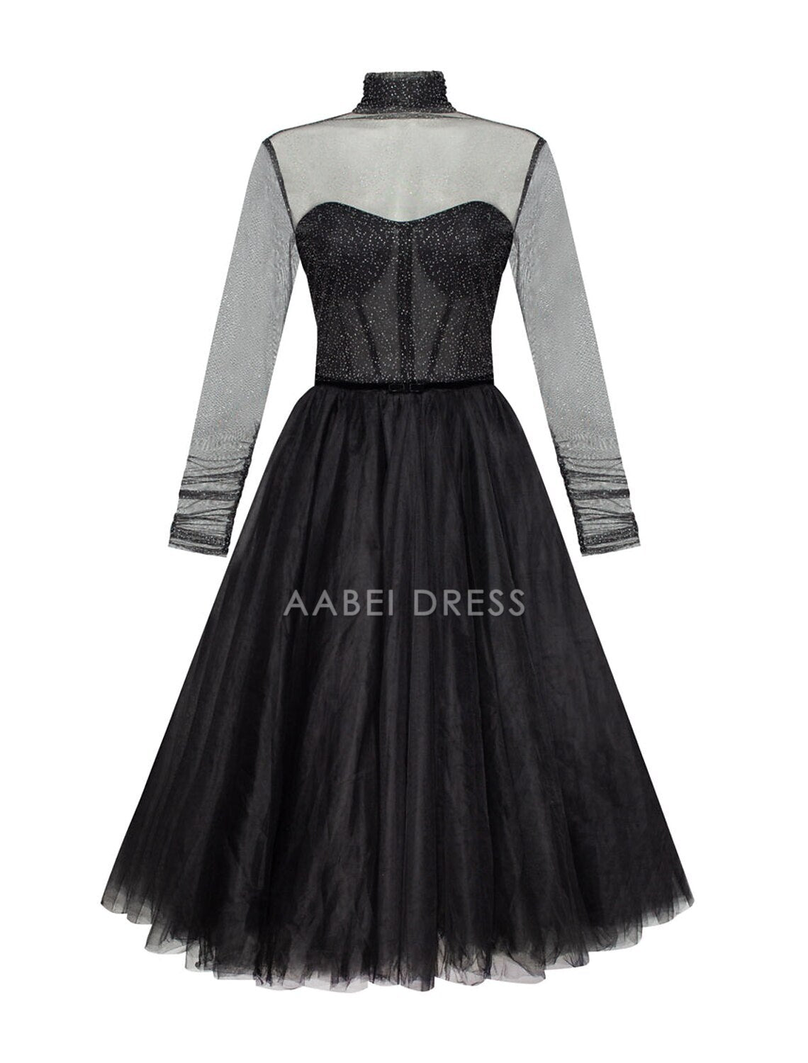 AABEI DRESS New Homecoming Dress Elegant A-Line Cocktail Dresses Wedding Guest Knee Length Long Sleeve High Neck Tulle with Pleats Pure Color Charming Prom Dresse