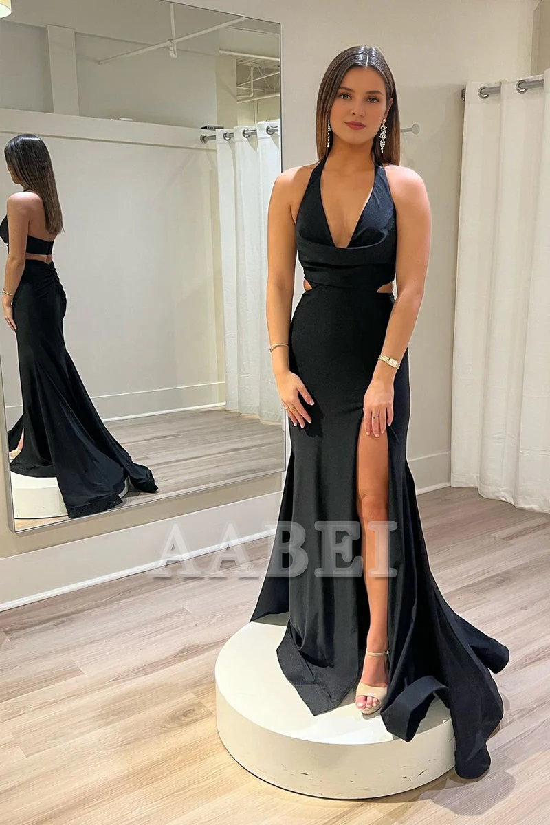 Evening Dress Halter Cutout Mermaid Long Sweep Train Prom Dresses Side Fork Sexy Unique Formal Women's Dresses