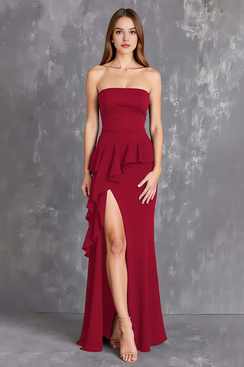 Fashion Black Satin Sheath Strapless Tiers Ruched with Slit Long Formal Dress Hot Sale Evening Dresses