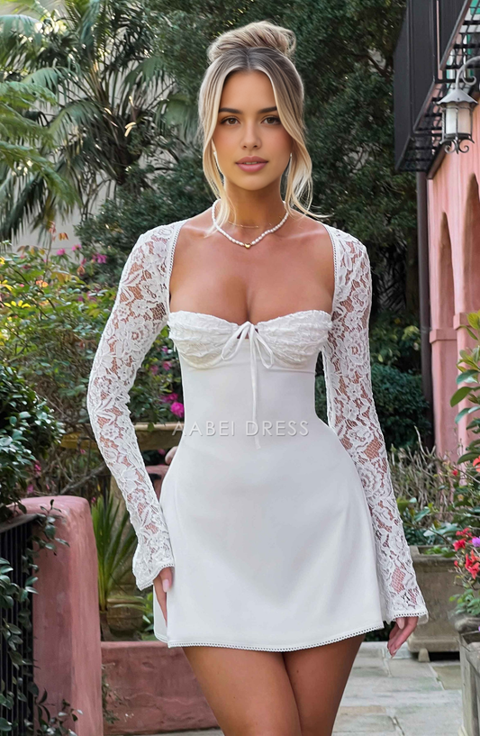 AABEI DRESS Hot Sale Homecoming Dress Charming A Line Lace Long Flared Sleeves Backless Mini Dress Sexy Short Prom Dresse