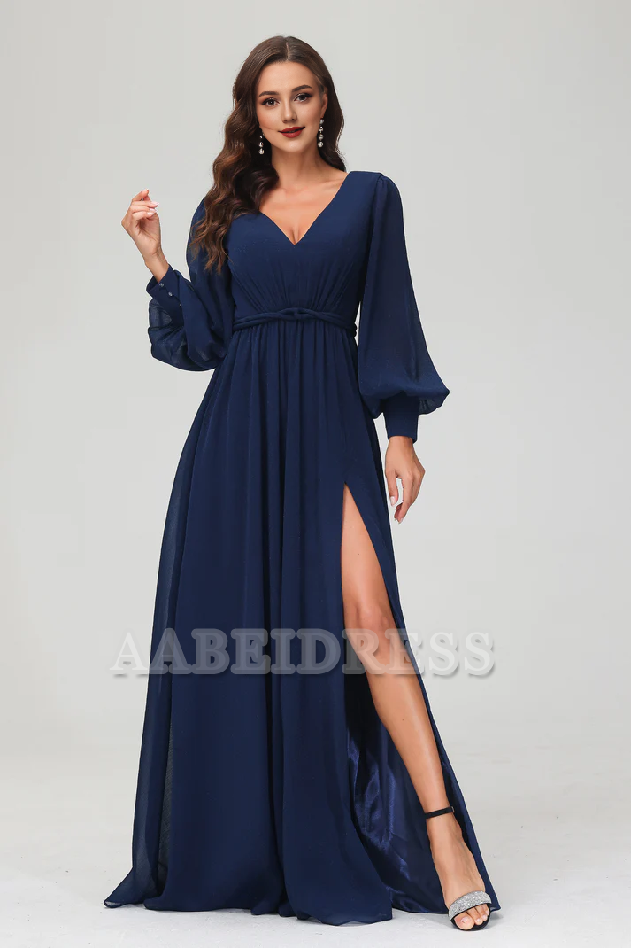 Evening Dress A-Line V-neck Long Sleeves Floor Length Dress Side Fork Elegant Exquisite Formal Women's Dresses Wedding Guest Dresses