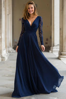 Simple Navy Chiffon A-Line Deep V-Neck with Lace Long Sleeves V Back Pleated Elegant Long Wedding Guest Dress For Women Hot Sale Mother of the Bride Dress
