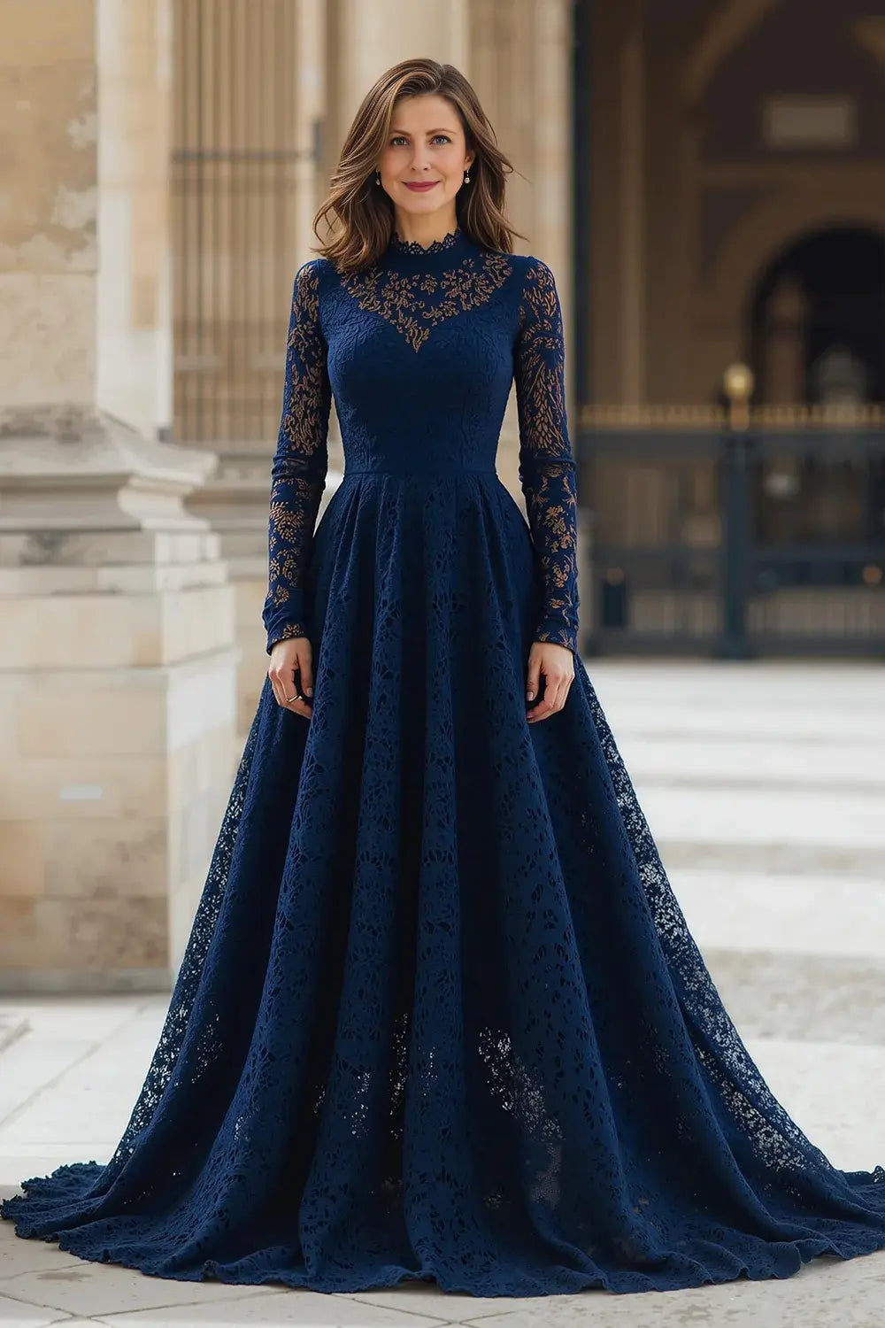 Exquisite Navy A-Line High Neck Lace with Sleeves Retro Long Wedding Guest Dress For Women Hot Sale Mother of the Bride Dress