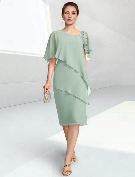 AABEI DRESS Wedding Guest Dress Elegant Beach Sheath Jewel Neck Tiers Knee Length Half Sleeve with Beading Mother of the Bride Dress