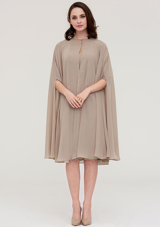 Mocha Chiffon A-Line Illusion Neck Back Zip Knee-Length Dress