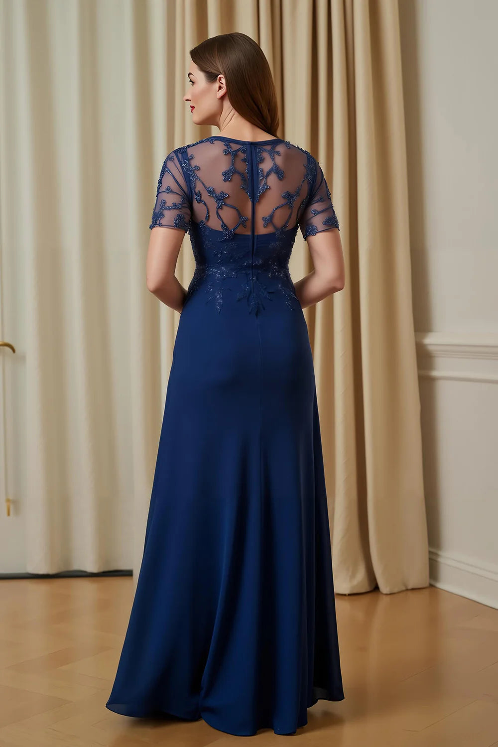 Wedding Guest Dress Elegant Navy Chiffon A Line Illusion Boat Neck Short Sleeves Lace Applique Ruched Hem Hot Sale Long Mother of the Bride Dress