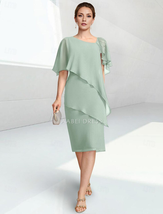 AABEI DRESS Wedding Guest Dress Elegant Beach Sheath Jewel Neck Tiers Knee Length Half Sleeve with Beading Mother of the Bride Dress
