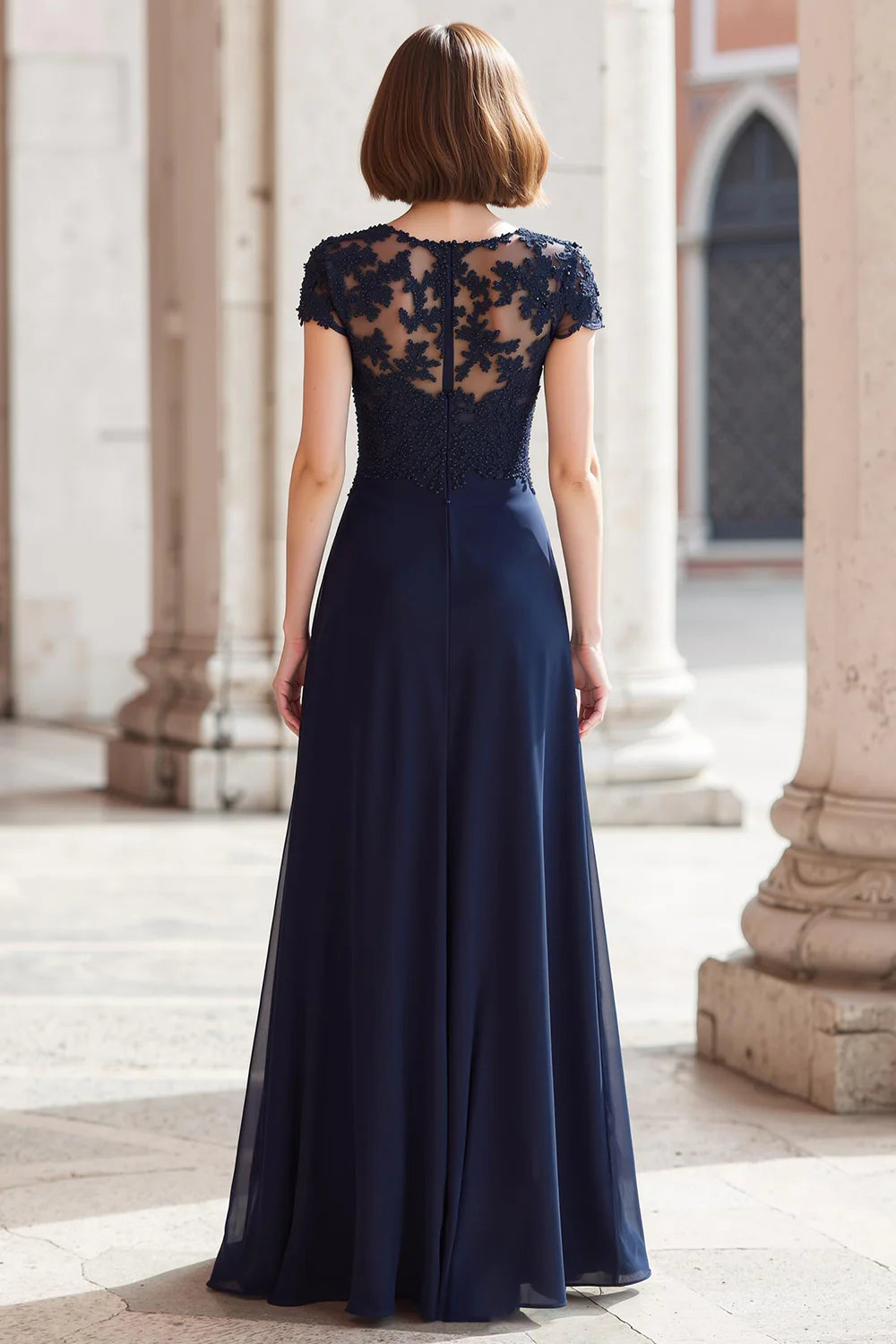 Elegant Navy A-Line Round Neck Cap Sleeve Chiffon with Appliques Retro Long Wedding Guest Dress For Women New Style Mother of the Bride Dress