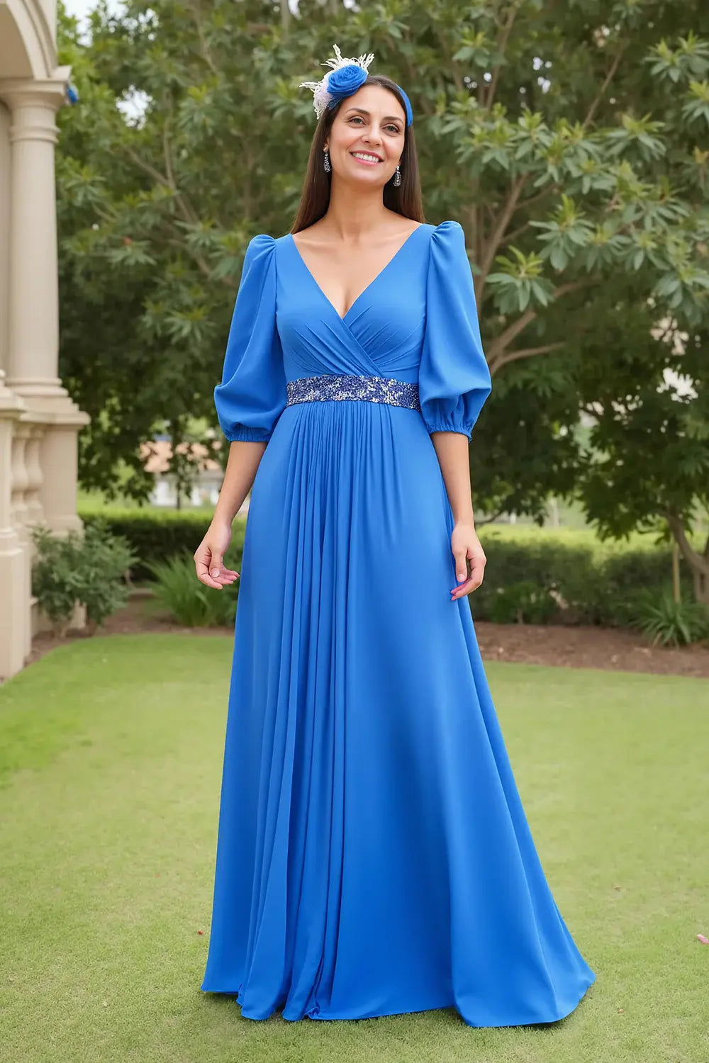 Elegant Blue Chiffon A Line V-Neck 3/4 Long Sleeve Waist Beading Backless Fashion Long Wedding Guest Dress Hot Sale Mother of the Bride Dresses