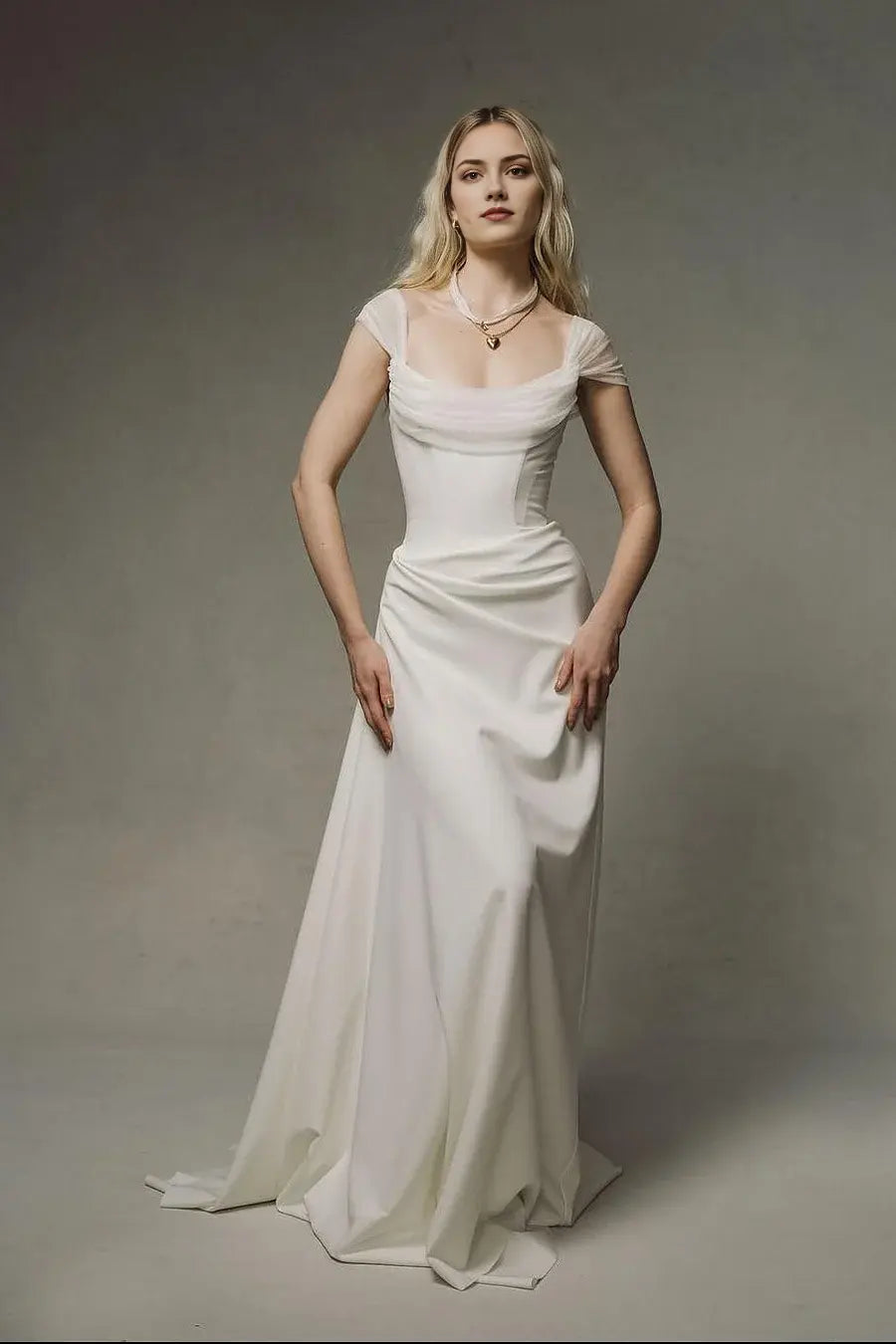 Formal Women's Dresses Satin Elegant A Line Square Neck Cap Sleeve With Pleated Long Affordable Prom Dress