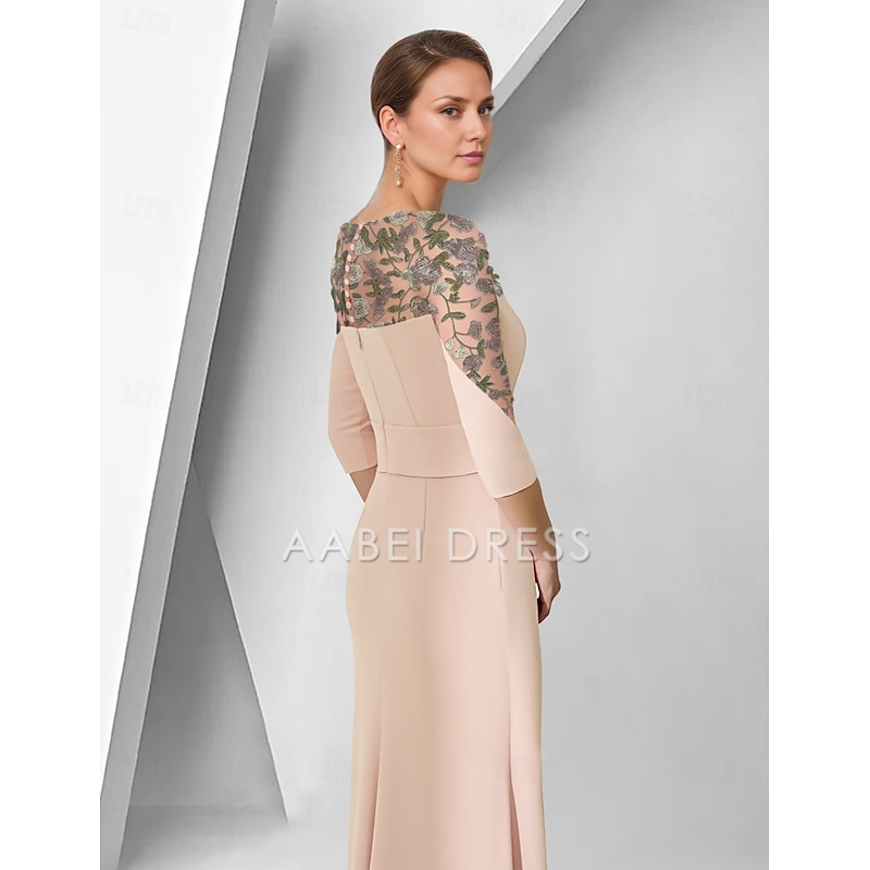 AABEI DRESS Wedding Guest Dress Elegant Sheath Jewel Neck 3/4 Length Sleeve Floor Length   with Lace Embroidery Appliques Dignified Mother of the Bride Dress