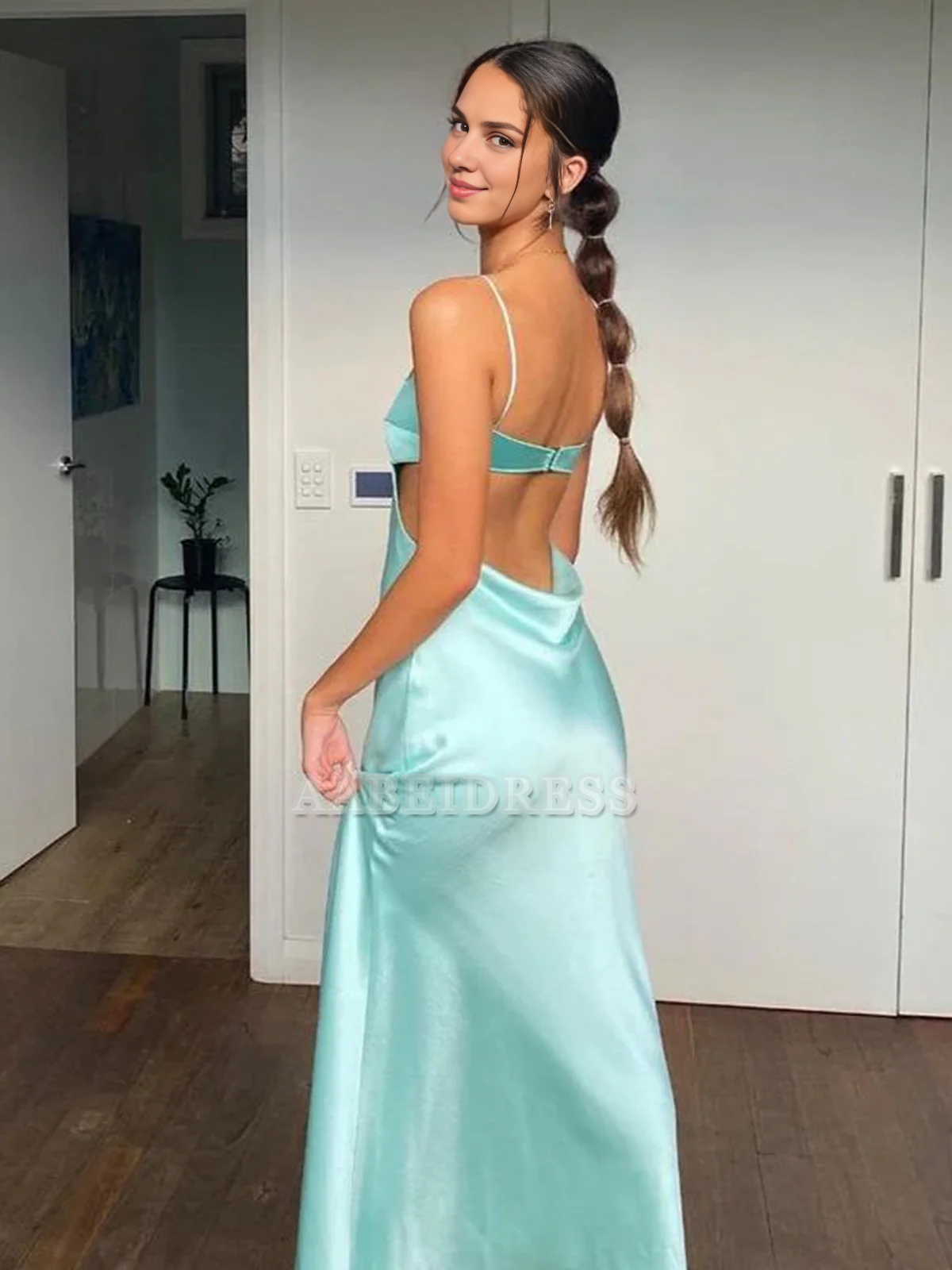 Evening Dress Spaghetti Straps Sheath Prom Dress Satin Party Dress Backless Simple Formal Women's Dresses
