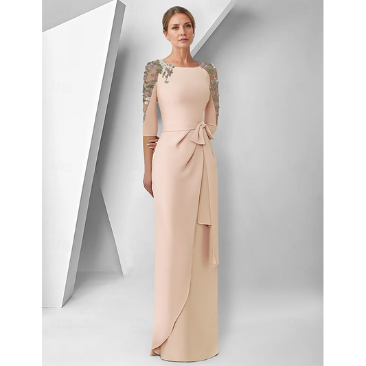 AABEI DRESS Wedding Guest Dress Elegant Sheath Jewel Neck 3/4 Length Sleeve Floor Length   with Lace Embroidery Appliques Dignified Mother of the Bride Dress