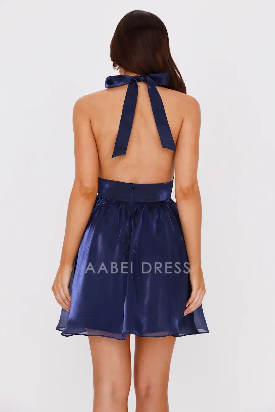 Deep Sea Blue A-line Halter Low-Cut Neck Bow Dress High Waisted Backless Ruched Sexy Party Dress Hot Sale Homecoming Dress