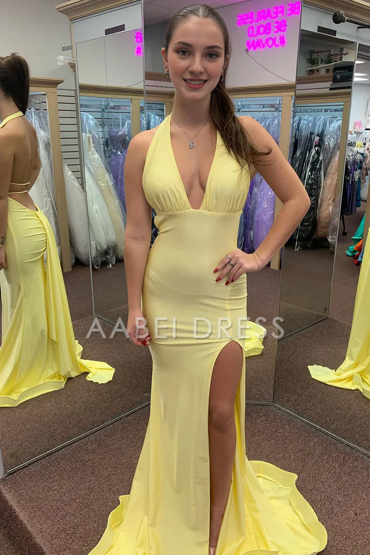 AABEI DRESS Prom Dress Charming Mermaid Halter Kntting Backless Satin Side Fork Long Fashion Formal Dress