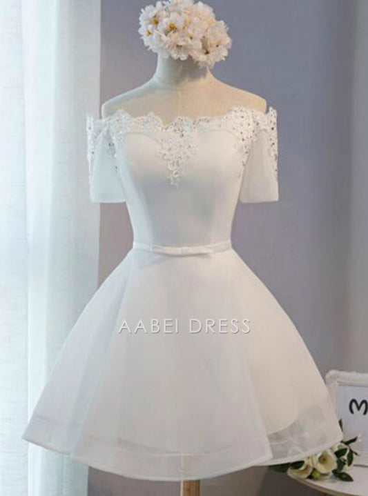 AABEI DRESS New Homecoming Dress Elegant A-Line Off the Shoulder Short Sleeve Bow Appliques Beading Temperament Short Prom Dresse