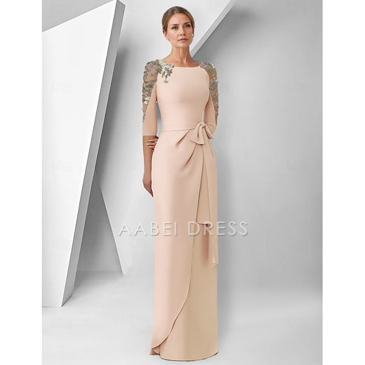 AABEI DRESS Wedding Guest Dress Elegant Sheath Jewel Neck 3/4 Length Sleeve Floor Length   with Lace Embroidery Appliques Dignified Mother of the Bride Dress