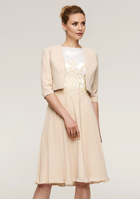 Champagne Chiffon A-Line Boat Neck Back Zip Knee-Length Dress