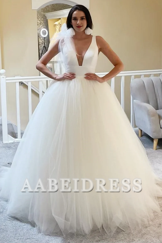 AABEI DRESS Exquisite Romantic Charming Wedding Dress Tulle Plunge Deep V Open Back Ball Gown with Bow Formal Dresses
