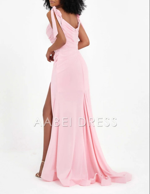AABEI DRESS Charming Sheath Square Neckline Pleated Side Slit Sweep Train Simple Evening Dress