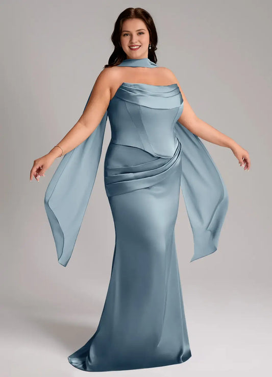 Wedding Guests Dresses Dusty Blue Mermaid Detachable Spaghetti Strap Cowl Sleeveless Pleated Backless With Scarf Modern Plus Size Formal Dress Discount Hot Sale Prom Dress