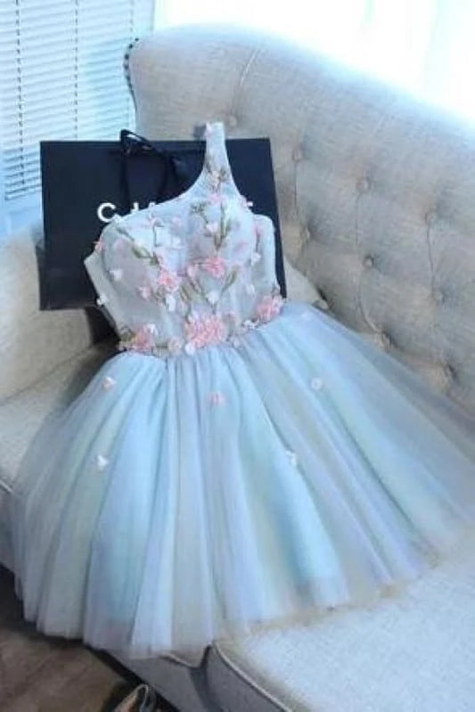AABEI DRESS Homecoming Dress A Line One Shoulder Juniors Tulle Cute Graduation Dress with Flower Fashion Prom Dress